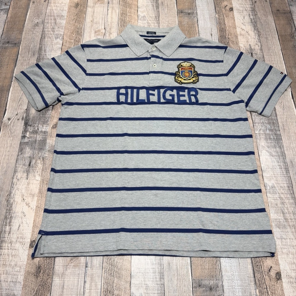 Tommy Hilfiger Polo Shirt Mens XL Gray Blue Striped Crest Rugby Vintage 90s